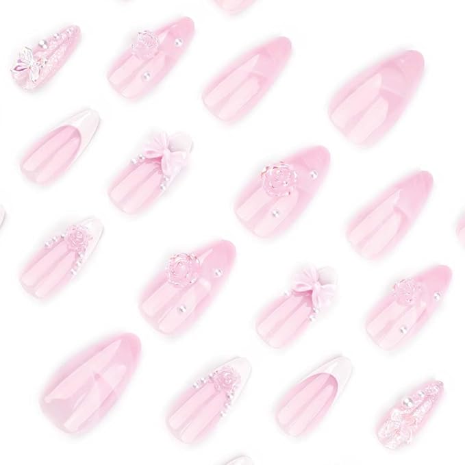 French Press on Nails Pink Medium, 3D Flower Fake Nails Almond Acrylic False Nails White,Artificial Nails for Women and Girls 24pcs
