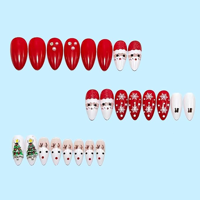 24Pcs Christmas Press on Nails Medium Almond False Nails Winter Artificial Glue on Nails with Xmas Tree Santa Claus Elk Designs Christmas Fake Nails Red White Full Cover Cute Stick on Nail for Women