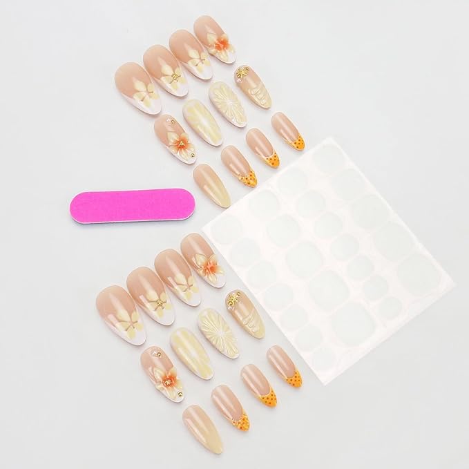 Flower Press on Nails Medium Almond Fake Nails 3D Lemon Gold Bead Star Designs Stick on Nails White French Tip False Nails Handmade Reusable Acrylic Glue On Nail for Women Manicure 24Pcs