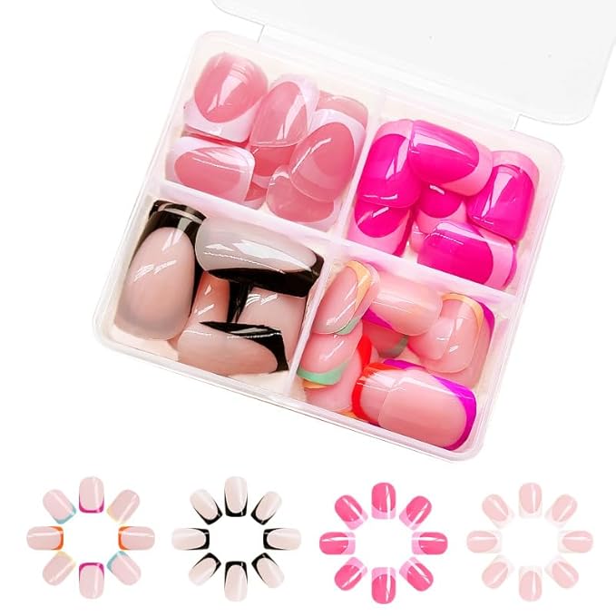 4 Packs 96Pcs French Tip Press on Nails Short Square Fake Nails French Design Glossy Acrylic False Nails Full Cover, Glue Stick On Nails for Women's Manicure & Nail Art Set