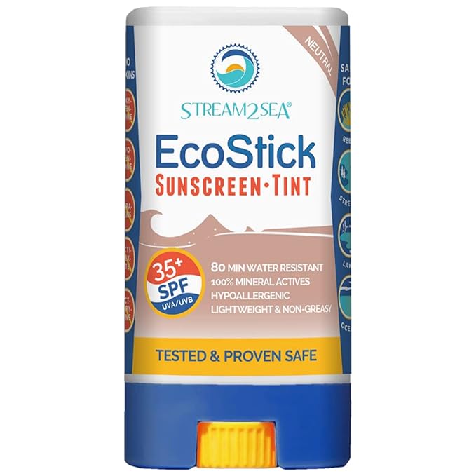 STREAM2SEA EcoStick SPF 35 Mineral Sunscreen Stick, Sweat Water Resistant Sunblock, USDA Approved Biodegradable Paraben Free Reef Safe Sunscreen Protection Against UVA UVB (EcoStick Tint) - 0.5 oz