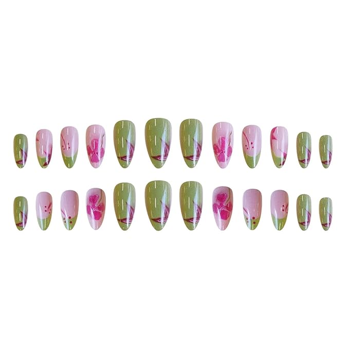 24Pcs Flower Press on Nails Short Almond Fake Nails Spring Summer Floral Designs Stick on Nail Green French Tip False Nails Cute Glue on Nails Glossy Full Cover Artificial Acrylic Nail for Women