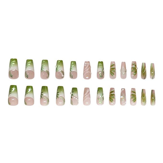 24pcs French Tip Press on Nails Long Coffin Fake Nails with 3D Flower Vines Pearl Designs Summer False Nails Green Floral Stick on Nails 3D Acrylic Nail Tips Full Cover Glue on Nails for Women