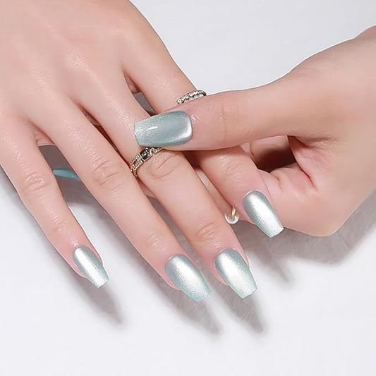 evpct Cat Eye Coffin Press on Nails Square Medium, Glue on Nails Medium Square for Women Gift, Teal Light Blue Green Metallic Glitter Glossy Gel Reusable Stick Acrylic Fake Press on Nail with Designs