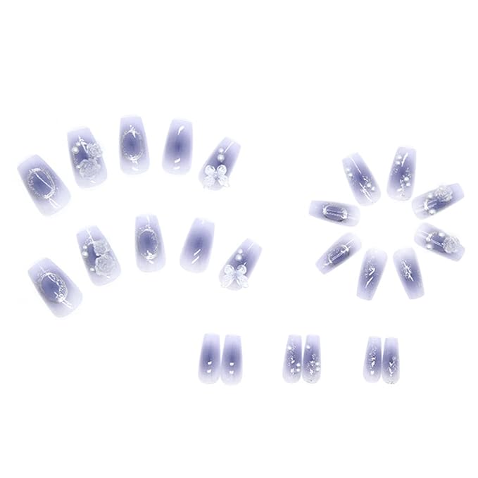Hkanlre Press on Nails Purple Medium Fake Nails Tips Full Cover Gradient False Coffin Butterfly Nails for Women and Girls 24PCS