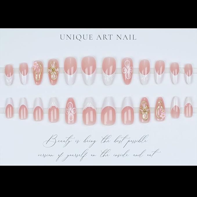 24Pcs 3D Flower Press on Nails Medium Almond Fake Nails French Tip Glue on Nails Flower Nail Charms Rhinestones Gold Lines Design Acrylic Artificial Nails Luxury False Nails for Women Manicure Decor