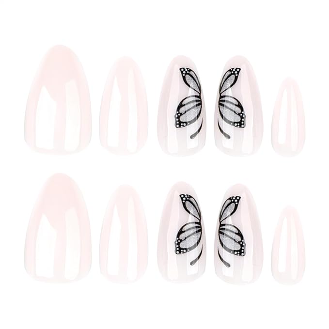 Butterfly Press On Nails Almond Shape, Nude Fake Nails with Butterfly Cat Eye Gray Ombre Design, Glossy Gel Finish Acrylic Nails Kit for Women, Natural Reusable Glue-On Nails Set, 24 Pcs