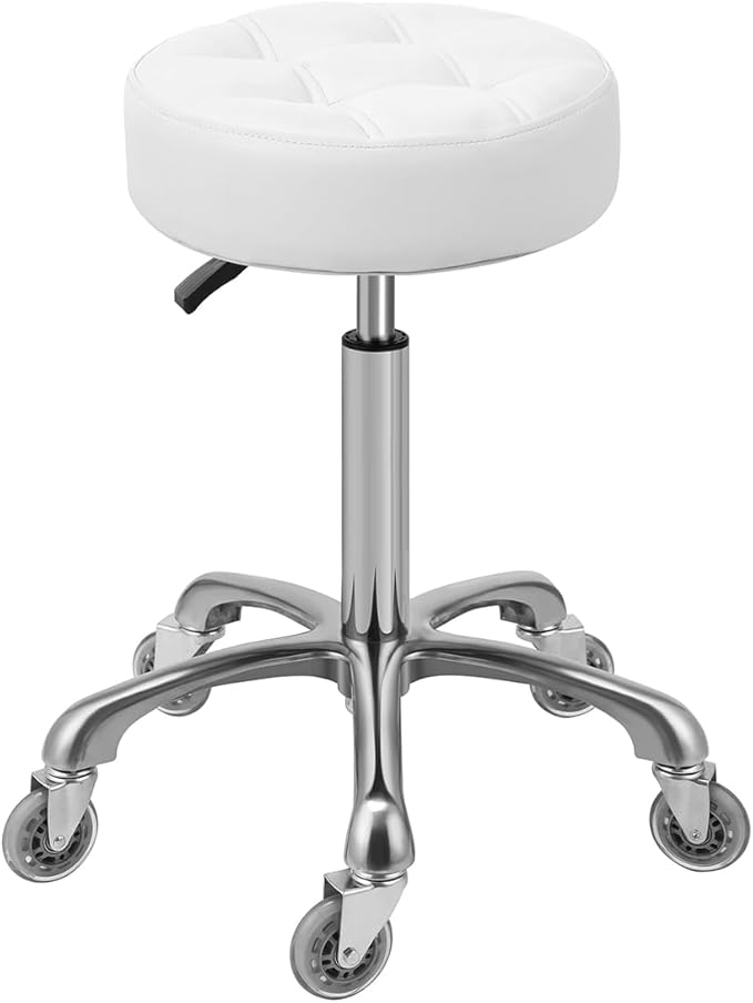 Kaleurrier Adjustable Rolling Stool for Salon: Heavy Duty Swivel Chair with Wheels for Hairdresser Esthetician Dentist - Spa Home Office Kitchen Dental Tattoo Shop Use - Seat Height 22”-30” - White