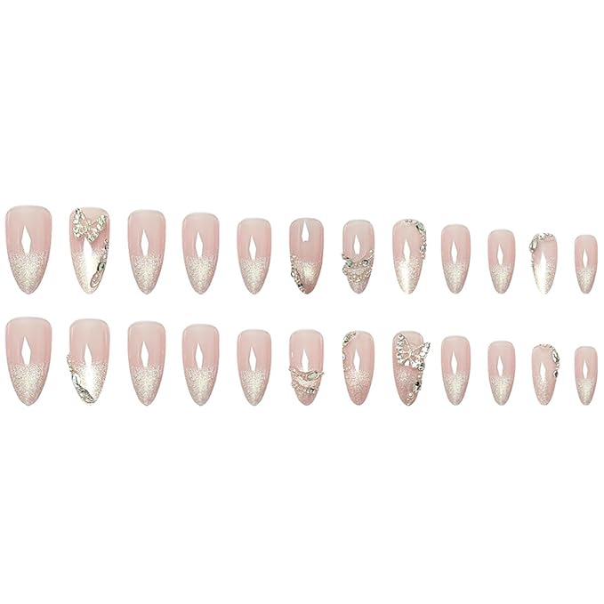 24Pcs Silver Rhinestones Press on Nails Medium Almond Fake Nails Butterfly Gems Glitter Full Cover Acrylic French Tip Glue on Nails Gradient Pink False Nails Stick on Nails for Women Nail Decorations