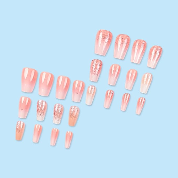 Coffin Square Press on Nails Gradient Pink White Fake Nails French Acrylic Full Cover False Nails with Glitter Designs Glossy Glue on Nails Short Stick on Nails Artificial Nails for Women Girls 24PCS
