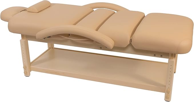 Professional Massage Table - Heavy Duty Stationary Spa Bed with Adjustable Headrest and Pneumatic Lift System - Includes Headrest and Arm Rests - Beige