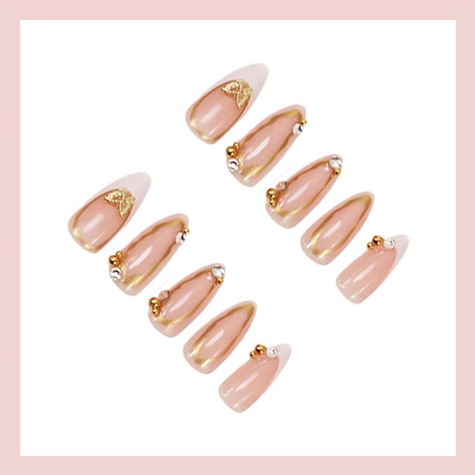 24Pcs Almond Press on Nails Medium French Tip Fake Nails with Gold Line Designs Nude Pink Full Cover Stick on Nails Butterfly Rhinestones False Nails Artificial Nail Tips Glue on Nails for Women Girls