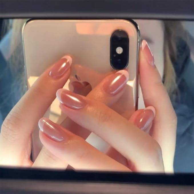 Press On Nails Short Oval, French Tip Chrome Acrylic Press On Nails Short Oval, Designer Reusable Glazed Fake Nails, Glossy Soft Gel Nails Wedding, Stick Glue On Nail Press Ons for Women