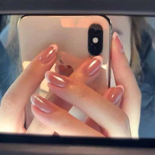 Press On Nails Short Oval, French Tip Chrome Acrylic Press On Nails Short Oval, Designer Reusable Glazed Fake Nails, Glossy Soft Gel Nails Wedding, Stick Glue On Nail Press Ons for Women