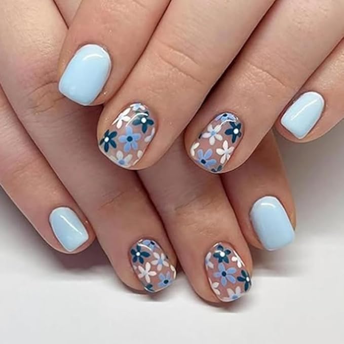 2 Packs 48Pcs Spring Flowers Press on Nails Short Square Fake Nails Blue Floral False Nails Squoval Artificial Acrylic Nails with Design Glossy Nails Press ons for Women Manicure Art Decoration Set