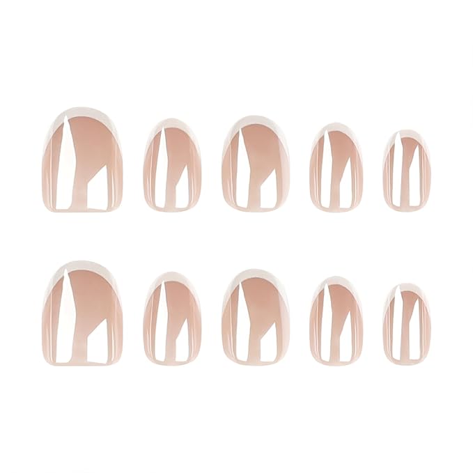 French Press On Nails Short Oval False Nails 30pcs, Nude Chrome Electroplated Stick On Nails with White French Tips, Glossy Reusable Acrylic Fake Nails Kit for Women Girls Wedding Daily