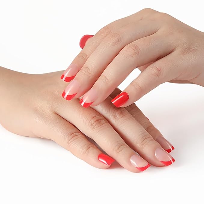 Red French Tip Press on Nails Short, Square Fake Nails Kit, Glossy Gel Finish Acrylic Press On Nails, Natural Glue On Nails, Reusable Stick On Fake Nails for Women, 24Pcs