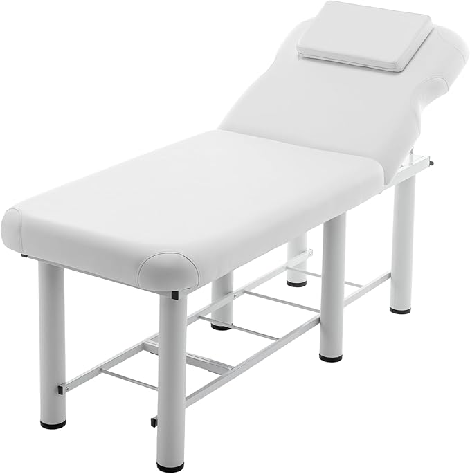 Professional Massage Table with Backrest, Faux Leather Stationary Physical Therapy Table, Metal Frame Barber Beauty Equipment, Removable Headrest Treatment Table Salon Spa Bed, White