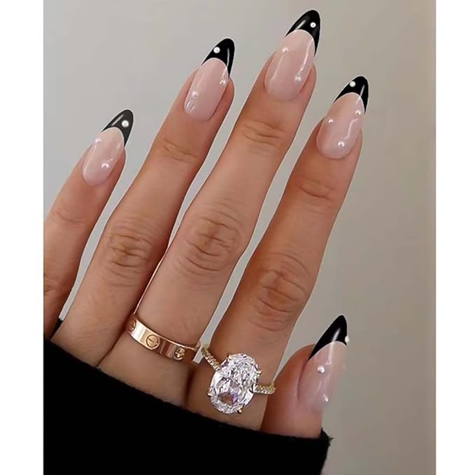 RikView French Tip Press on Nails Medium Acrylic Nails with Pearls Black Press on Nails Almond Fake Nails