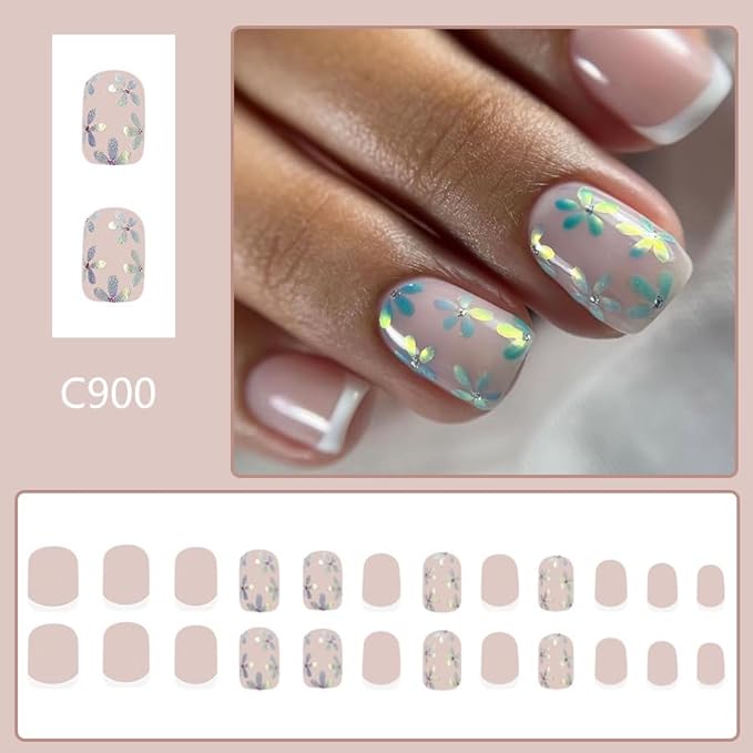 24Pcs Short Square Press On Nails French Tip Fake Nails With Aurora Flower Design Spring False Nails Full Cover Artificial Acrylic Nails Glossy Glue On Nails Reusable Stick On Nails For Women