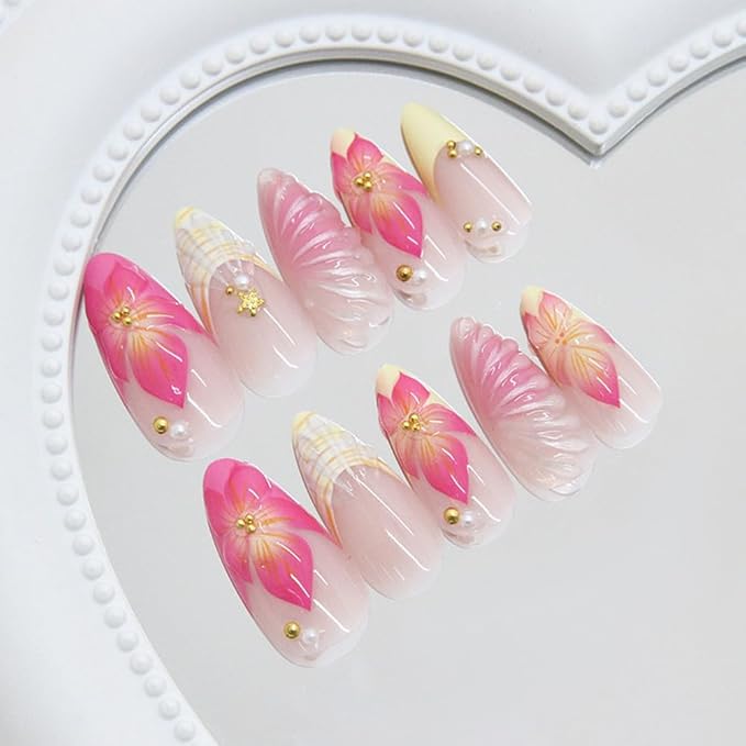24Pcs Pink Flower Press on Nails Medium Almond French Tip Fake Nails with Gold Shell Pearl Rhinestones Design Summer Full Cover Artificial Glue on Nails Cute Acrylic Stick on Nails for Women DIY