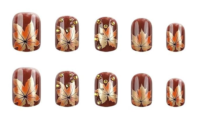 Maple Leaf Press on Nails 24Pcs Fall Leaves Stick on Fingernails Thanksgiving Short Square False Nails Glossy Gold Maples Acrylic Fake Nail Autumn Rhinestones Gel Glue on Nail for Coquette Women