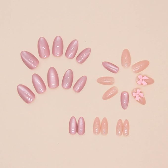 Almond Press on Nails - Medium French Tips Pink Glossy Full Cover Nails for Women - 30 PCS/Set (Pink Bow Nails)