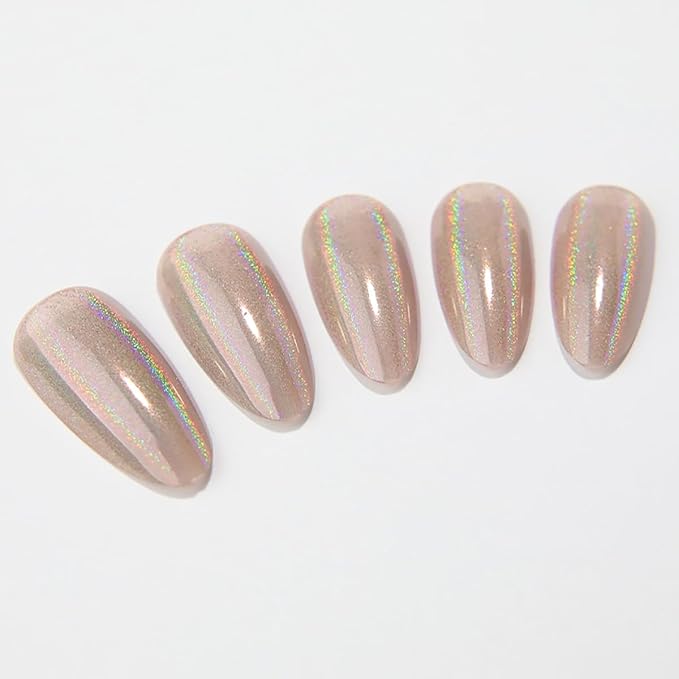 24Pcs Silver Holographic Acrylic Press on Nails Short Almond - Reusable Fake Nails with Nail Glue Kit, Long Lasting Chameleon Static Nails for Women Daily Wear & Parties (Glossy Laser Design)
