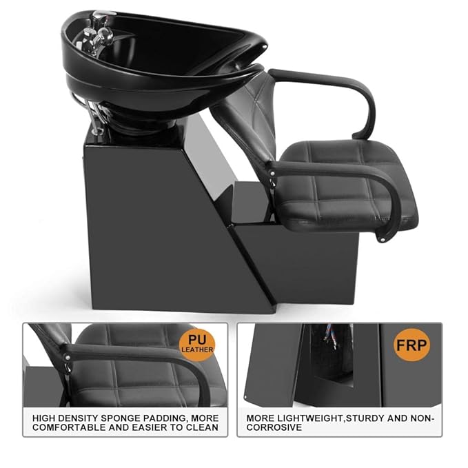 Artist hand Shampoo Bowl Backwash Barber Chair Adjustable Ceramic Bowl Sink W/Rubber Headrest for Salon Beauty Spa Equipment (Black)