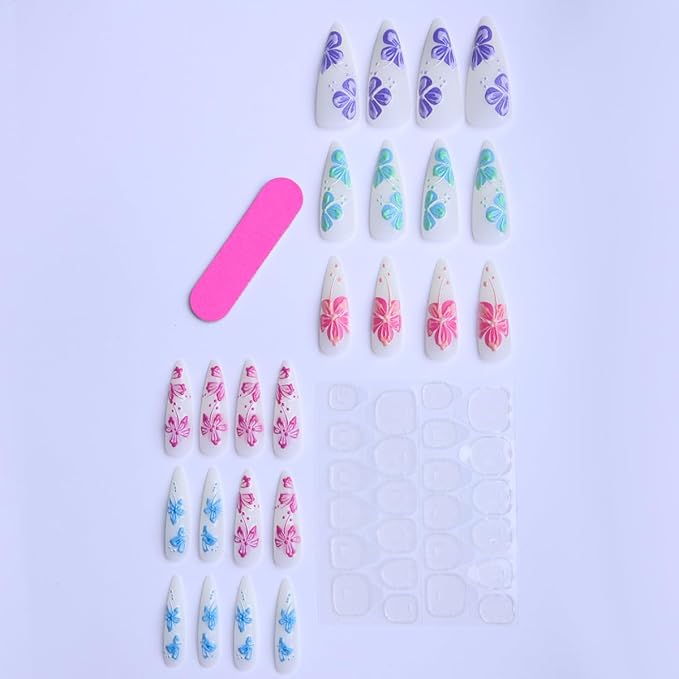 Long Almond Press on Nails Fake Nails Gradient Flower 3D Stick on Nail for Women 24pcs