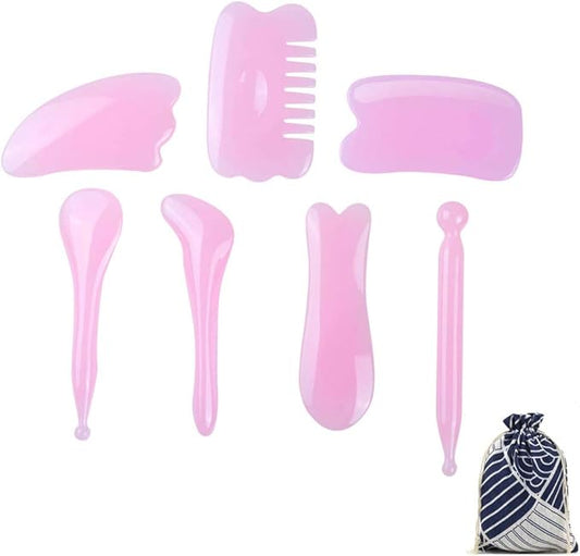 7 Pieces Gua Sha Scraping Massage Tool,Natural Resin GuaSha Tool Massage Tools Set for Face Back and Neck Release,Reduce Muscle Pain,with Storage Bag (Pink)