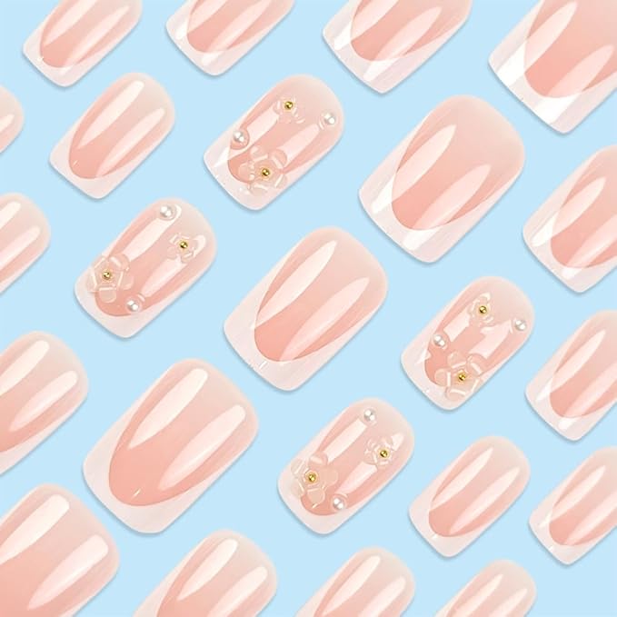 French Tip Press o Nails Square,3D White Pearl Flower Press on Nails Medium, Glossy Glue on Nails Natural Full Cover False Nail Tips Short Stick on Nails Artificial Finger Manicure for Women Girls