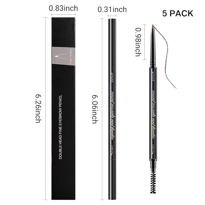 5 Pcs Waterproof Dual-Sided Fine Tip Eye Brow Pencils Pack,Ultra-Fine Mechanical Precise Pencil,Draws Tiny Brow Hairs, Defines, Fills Eyebrows, Shapes, Contours, Combs,1mm Pen Point (Pack of 5)-Tea