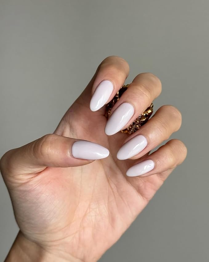 Press On Nails Almond, WOOYAS Medium Length Fake Nails Light Purple Grey Glue On Nails Full Cover False Nails with Nail Glue Adhesive Tabs, 24Pcs Reusable Nails Kit for Women