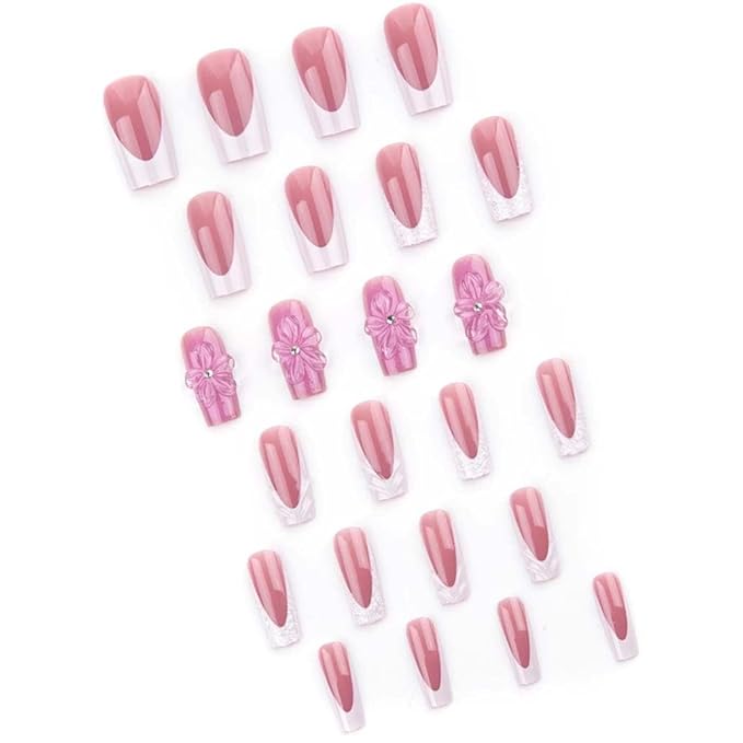 French Press on Nails Medium Long Pink Fake Nails Square Bling Glossy 3D Flower Design False Nail Tips Artificial Nails Finger Manicure for Women and Girls-24pcs