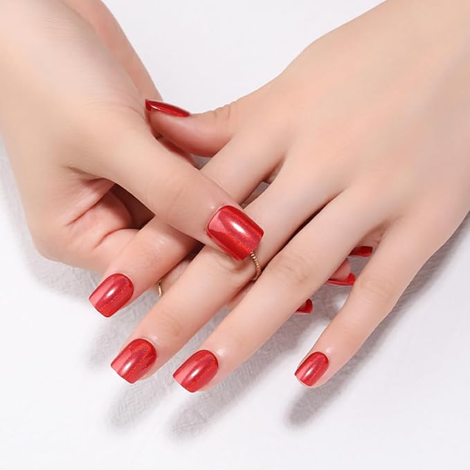 evpct Press on Nails Short Square for Women, Aurora Glazed Red Press on Fake Nails Reusable Glossy Stick on Nail for Women Girls Gift Glue on Nails Kit False Nail Polish Short with Accessories