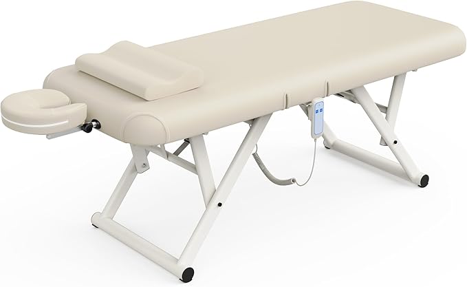 pouseayar Adjustable Massage Table with Face Pillow & Headrest, Sturdy and Solid, Silent and Easy to Adjust - Adjustable Backrest, Electric Leg Lifting, Beige Gray