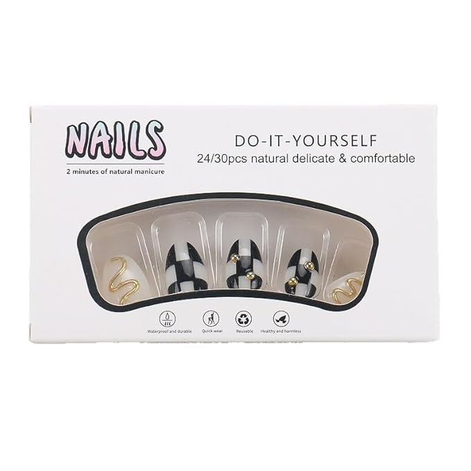 Short Square Almond Press on Nails Nude Gold Foil Fake Nails Stick on Nail for Women 24pcs