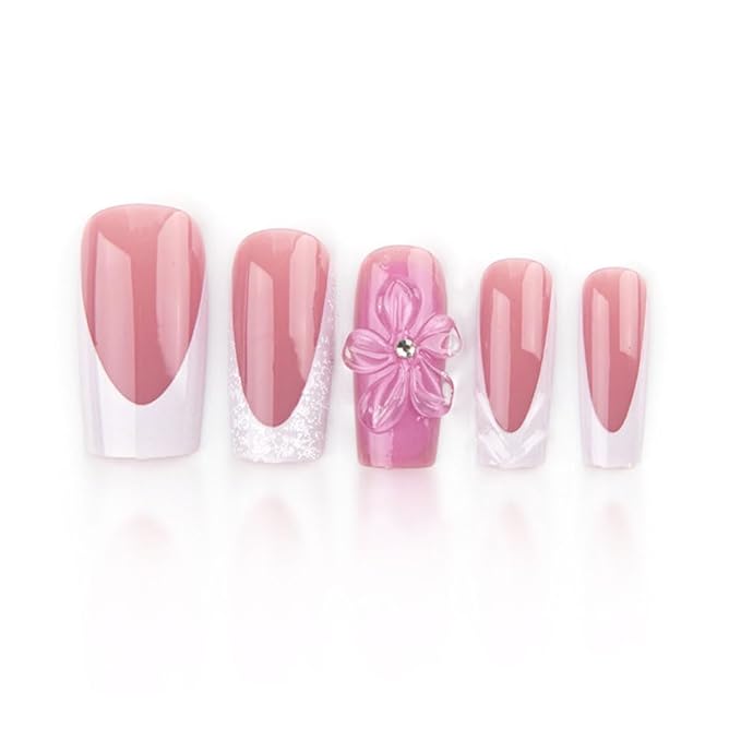 French Press on Nails Medium Long Pink Fake Nails Square Bling Glossy 3D Flower Design False Nail Tips Artificial Nails Finger Manicure for Women and Girls-24pcs