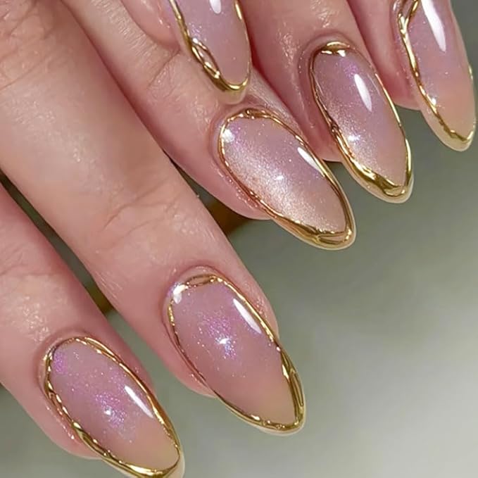 3D Gold Line French Tips Press On Nails Medium Almond, Gold French Tip Cat Eye Press-On Nails, Designer Reusable Acrylic Fake Nail With Glue On Nails, Nails Press Ons False Nails For Women