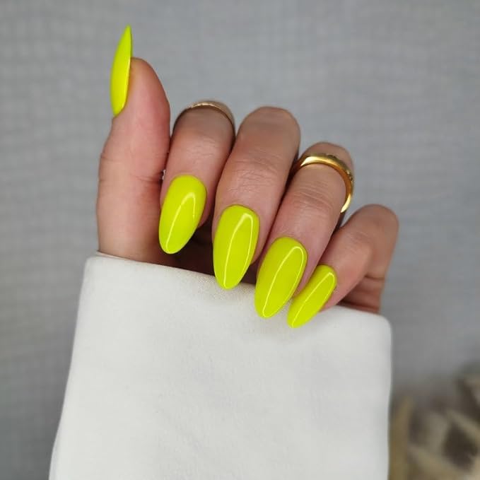 Wooyas Press on Nails Almond, Medium Jelly Yellow Handmade Gel Fake Nails, Neon Reusable Salon Perfect Glue on Nails in 12 Sizes - 24 Pcs Soft Gel Glue On Nails Kit for Women Girls