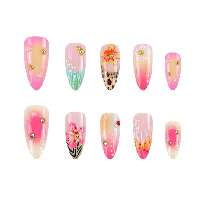 24Pcs 3D Flower Press on Nails Medium Almond Fake Nails with Colorful Floral Design Summer Nail Art Acrylic False Nails Beads Rhinestones Charms French Stick on Nails for Women Daily Wear