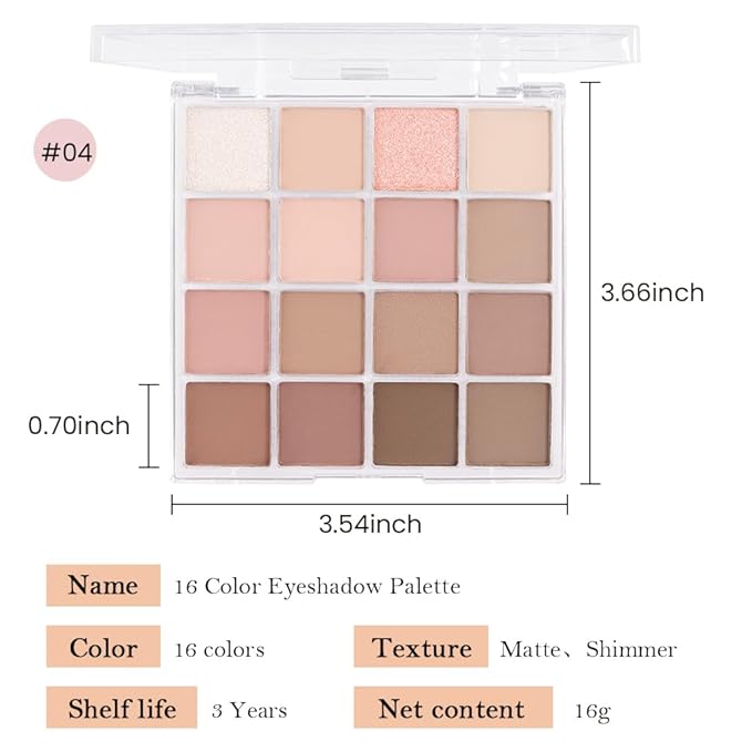 16Color Matte Shimmer Eyeshadow Palette, Natural Nude Dark Brown Champagne Gold Coffee Sparkly Eye Shadow Makeup, Warm Pastel Eyeshadows Long Lasting Waterproof Naturing-Looking Women Girls Eye Shadow