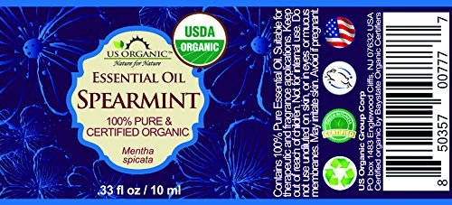 US Organic 100% Pure Spearmint Essential Oil - USDA Certified Organic, Steam Distilled - W/Euro droppers (More Size Variations Available) (10 ml / .33 fl oz)