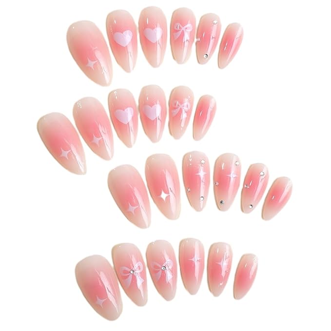 Pink Ombre Press on Nails Bow Fake Nails with Pearl Design 5D Floral Glue on Nails Glossy Artificial Acrylic Full Cover Heart Stick on Nails Medium Almond False Nails for Women Manicure 24Pcs