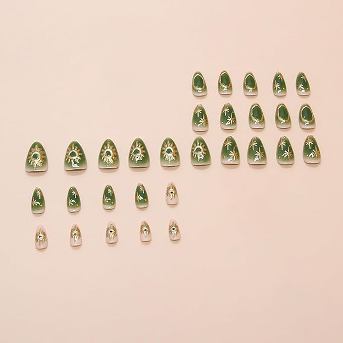 24Pcs Gold Chrome Press on Nails Short Almond Fake Nails with 3D Star Sun Eye Design Full Cover Glue on Nails Handmade False Nails Green Acrylic Nails Stick on Nails for Women Gothic Manicure Decor