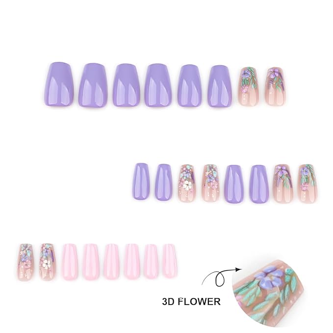 Spring Flower Press-on Nails, Coffin Shape Fake Nails, Purple Lavender and Pink Floral 3D Design Artificial Nails, Medium Length Glue on Nails for Women Girls, 24 Pieces