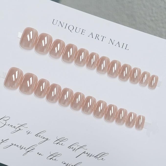 evpct Nude Glazed Press on Nails Short Square for Women Girls Gift, Chrome Glazed Nude Fake Nails Reusable with Soft Gel, Glossy Glitter Stick Glue on False Nail Kit Salon Quality DIY at Home, 01