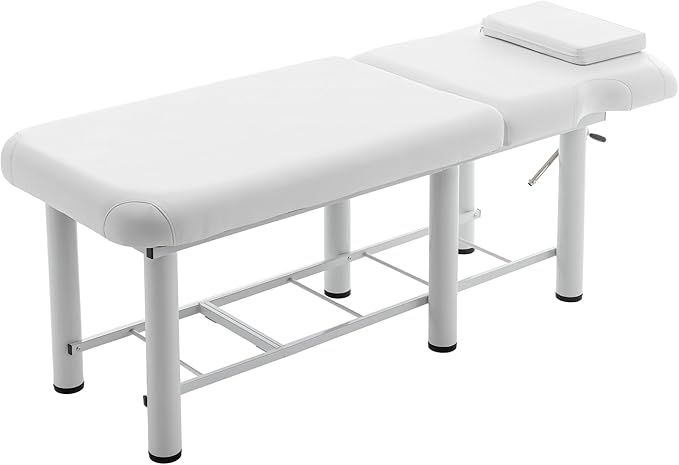 Professional Massage Table with Backrest, Faux Leather Stationary Physical Therapy Table, Metal Frame Barber Beauty Equipment, Removable Headrest Treatment Table Salon Spa Bed, White