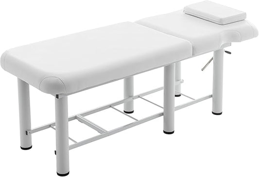 Professional Massage Table with Backrest, Faux Leather Stationary Physical Therapy Table, Metal Frame Barber Beauty Equipment, Removable Headrest Treatment Table Salon Spa Bed, White